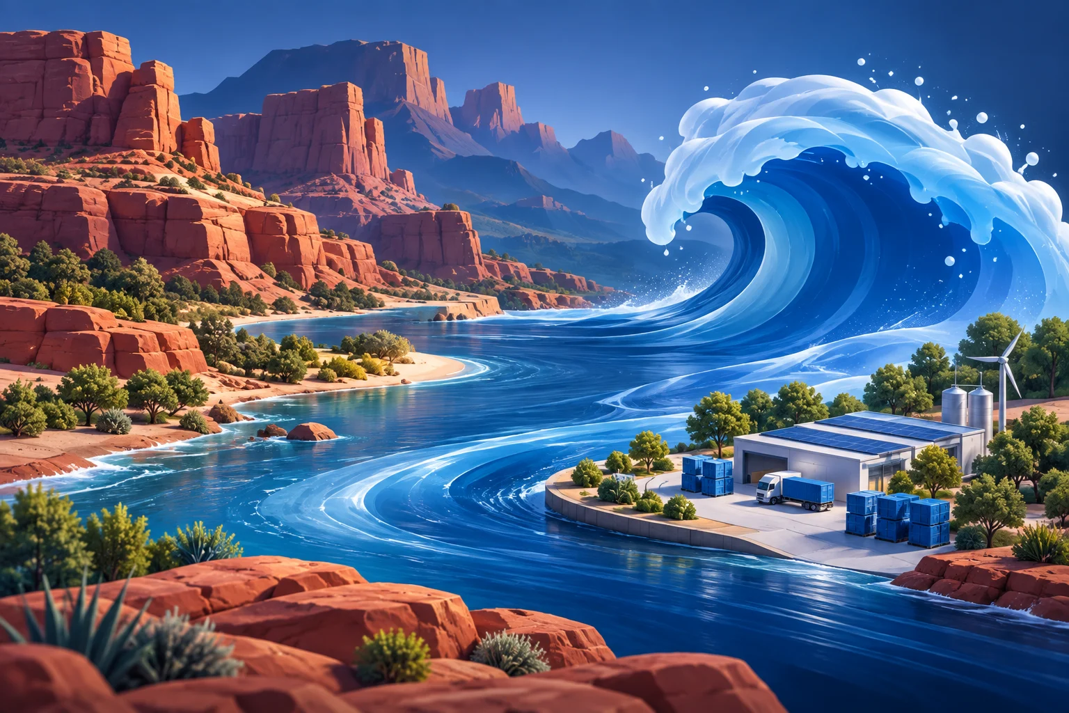 Original illustration of a red-rock canyon, blue wave and sustainable logistics campus